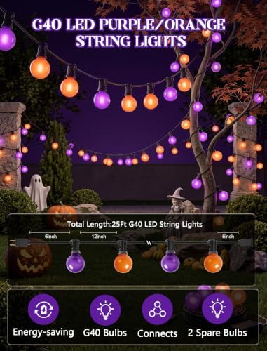 Orange and Purple Halloween Lights Outdoor, 25Ft 27 G40 Shatterproof Bulbs - Image 2