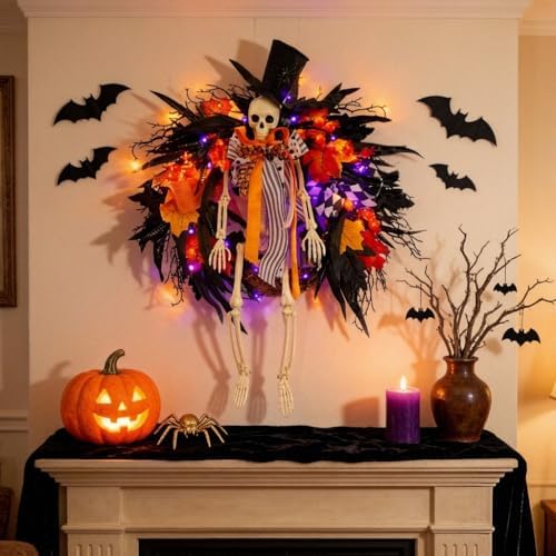 HipTree 28 Inch Halloween Skeleton Wreath for Front Door with Lights - Image 4