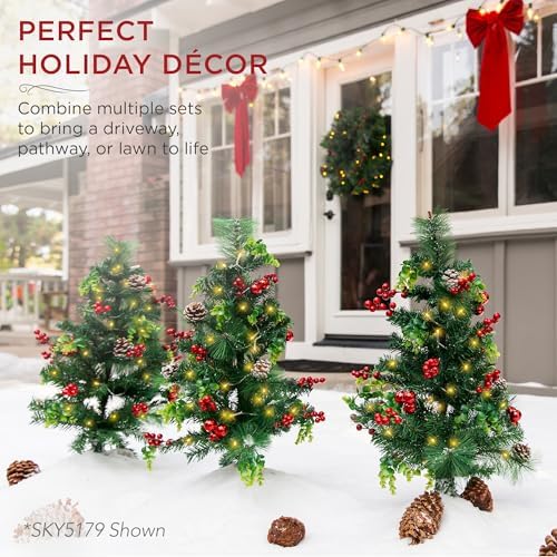 Best Choice Products Set of 2 24.5in Outdoor Flocked Scotch Pine Pathway Christmas Trees, Battery Operated Pre-Lit Holiday Décor w/LED Lights - Image 3