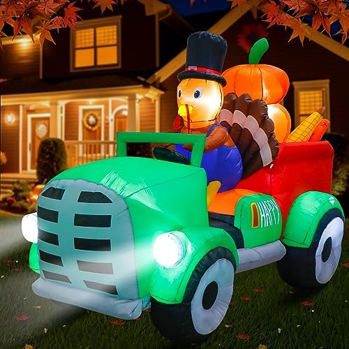 AerWo 8FT Thanksgiving Inflatables Turkey Outdoor Decorations, Blow Up Turkey Inflatable Driving Car Built-in LED Lights for Happy Thanksgiving Party Outside Yard Garden Holiday Autumn Fall Decor by AerWo