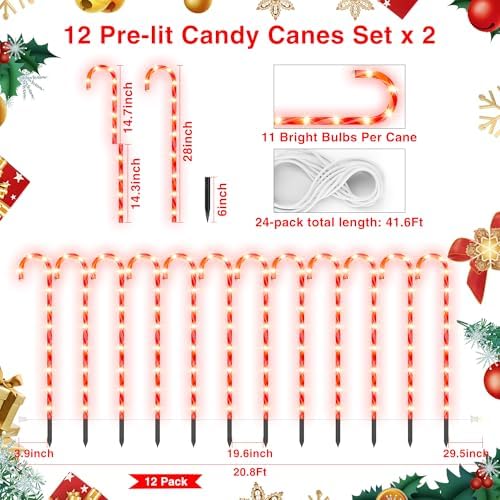 COOWUFAN 28" Christmas Candy Cane Pathway Markers Lights, Set of 24 Pack Christmas Outdoor Decorations, Waterproof Candy Cane Decor for Indoor Outside Yard Garden Patio Lawn - Image 5