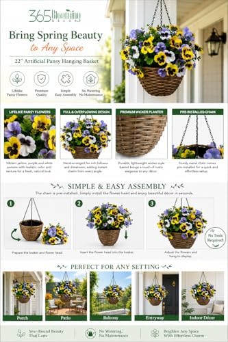 365 Blooming Decor 22” Premium Artificial Pansy Hanging Basket, Yellow Purple & White Lifelike Spring Flowers, Easy Assembly Wicker Planter with Chain for Porch, Patio, Balcony & Home Décor - Image 3