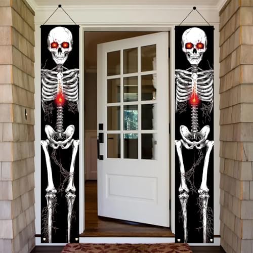 2PCS Red-Eyed Skeleton Halloween Porch Banners 71 x 12 Inch Scary Skeleton Door Decorations for Haunted House Entryway Spooky Halloween Wall Hanging Outdoor Yard Party Front Door Decor - Image 2