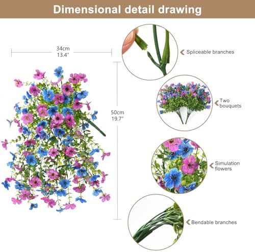 ZFProcess Artificial Hanging Flowers for Outdoors Spring Summer Decoration, 2PCS Silk Fake Daisy Realistic Outdoor Flowers UV Resistant Porch Patio Window Yard Decor(Purple Blue) - Image 2