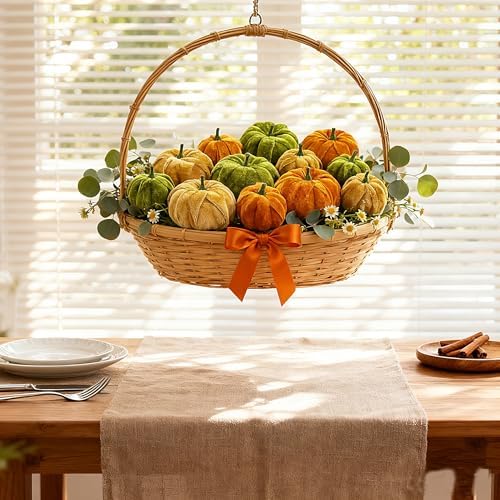 Pumpkin Decor 12pcs Halloween Artificial Pumpkins Fake Artificial Velvet Small Pumpkins for Fall Harvest, Thanksgiving, Christmas Party Decoration (Green Orange Gold) - Image 3