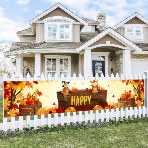 BlissYard Happy Fall Thanksgiving Banner 118 x 20 inchs Autumn Scarecrow Pumpkin Yard Decor Thanksgiving Autumn Sunflower Outdoor Decorations Banner for Wall, Fence, Yard - Image 4