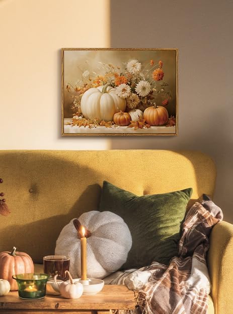 Vintage Thanksgiving Canvas Print White Orange Pumpkins Autumn Floral Leaves, Rustic Framed Fall Pumpkin Flower Still Life Wall Art 12x16", Harvest Farmhouse Kitchen Entryway Décor - Image 4