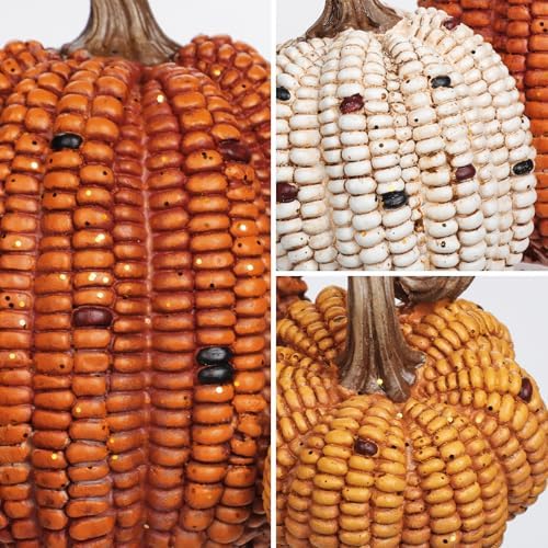Briful Fall Decorative Corn Pumpkin Set – 3-in-1 Resin Pumpkins Harvest Décor Fake Corn Pumpkins Centerpiece for Thanksgiving Table Tiered Tray Outdoor Autumn Decorations - Image 3