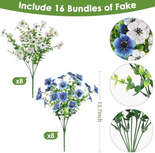 16PCS UV Resistant Artificial Flowers for Outdoors, White + Blue - Image 2
