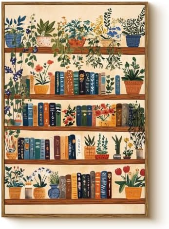WHASAYART Vintage Botanical Book Shelf Framed Canvas Wall Art, 16x24 inch by WHASAYART