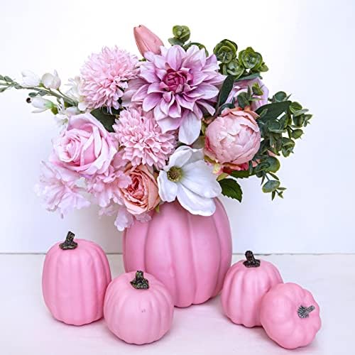 Winlyn 7 Pcs Assorted Sizes Fall Artificial Pink Pumpkins Harvest Faux Foam Pumpkins for Fall Autumn Season Halloween Thanksgiving Harvest Holiday Season Festive Tabletop Decoration - Image 3