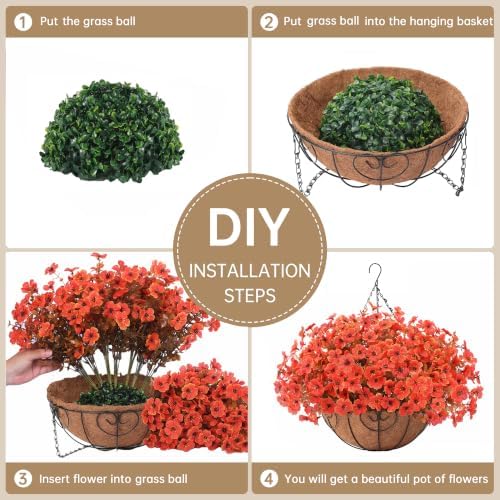 2 Set Artificial Fake Mums Fall Flowers Plants with Hanging Basket for Outdoors Autumn Decoration,Faux Mum Plastic Flowers Outside,UV Resistant 24pcs Daisy for Planter Patio Porch Home Decor (Orange) - Image 5