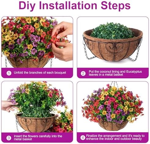 HyeFlora 2 Set Artificial Outdoor Flowers Hanging Basket, Faux Hanging Plants for Outside Spring Decoration, Fake Silk UV Resistant Look Real Daisy for Porch Patio Home Decor - Image 4