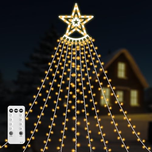 350 LED Christmas Decorations Star String Lights Waterproof Waterfall StarLights 8 Light Modes Remote & Timer,Waterproof Seasonal Lighting Decor for Home Xmas Tree Yard Wedding Party (Warm White) by VTZNOJ