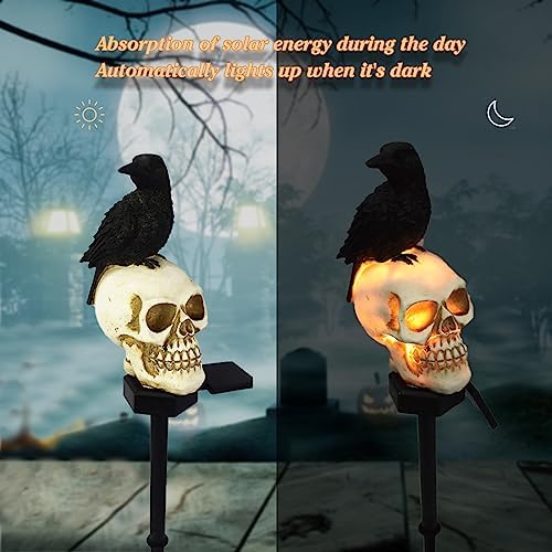 Halloween Solar Pathway Lights - Solar Halloween Skull Stake Lights Decorations Outdoor - 2PCS Waterproof Resin Skeleton Crows Decor for Outside Yard Garden Lawn - Image 3