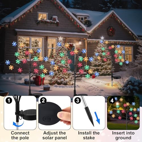 Glooglitter 4 Pcs Solar Christmas Snowflake Pathway Lights Outdoor Decorations 8 Modes 80 LED Solar Snowflake Stake Lights Waterproof 28" H Christmas Outside Decor for Garden Walkway Porch Yard - Image 3