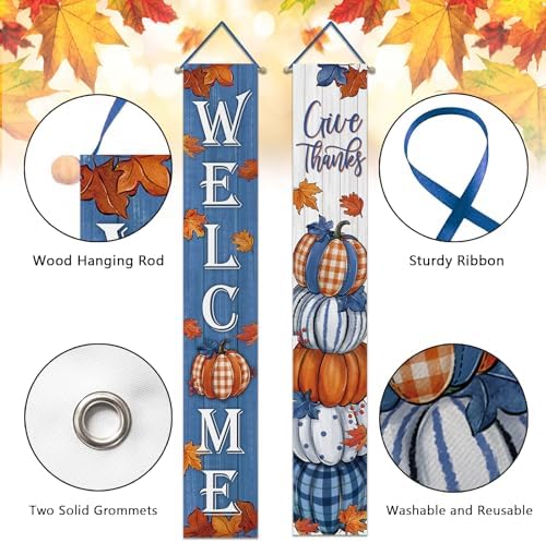 Deroro Welcome Fall Thanksgiving Pumpkin Porch Banner Sign, Blue Autumn - Image 3