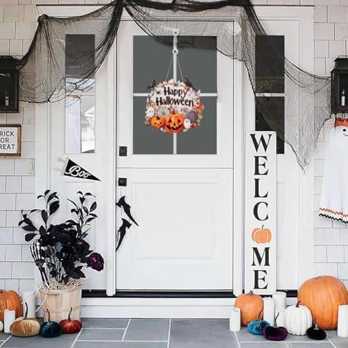 Halloween Decoration Wood Door Plaque - Rustic 9.2x8.8 Inch Handcrafted Sign with Raised Pumpkins, Ravens & Ghosts, Spider Web Design for Porch Wall Decor. Layered Artisan Craft. Halloween Party Outdoor indoor Supply - Image 2