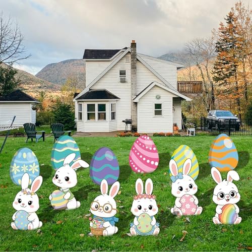 12-Piece Easter Bunny Yard Signs with Stakes Decorations – 6 Cute Rabbits & 6 Colorful Eggs 30 cm Large Outdoor Easter Lawn Signs for Garden, Driveway, Yard, and Spring Party Décor - Image 5
