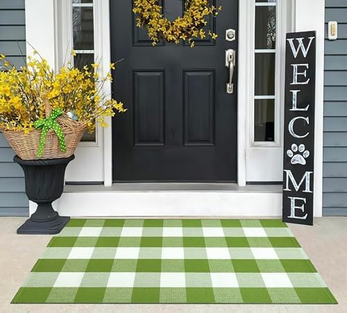 Green White Buffalo Plaid Layered Doormat27.5"x43.3" Cotton Front Porch Rug - Image 6