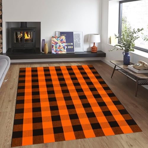 Fall Outdoor Rug Orange Buffalo Plaid Outdoor Rug Cotton Hand-Woven Buffalo Check Rug Layered Doormats for Front Door/Front Porch/Farmhouse/Entryway/Patio - Image 3