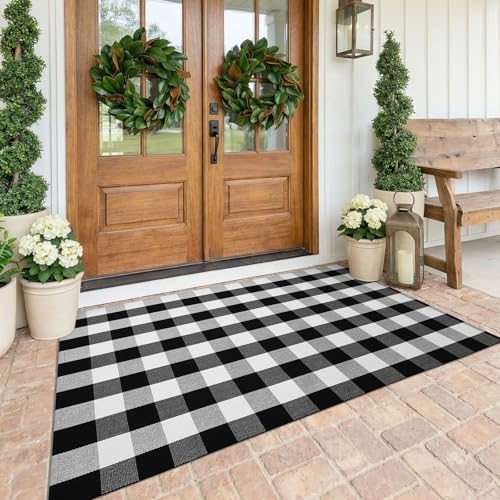 KOZYFLY Buffalo Plaid Area Rug 4 x 6 Ft Black and White Checkered Rug Washable Outdoor Rugs Cotton Rugs for Bedroom Front Door Mat Carpet for Front Porch Living Room Dining Room Kitchen by KOZYFLY