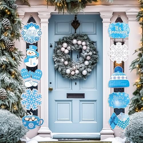 CroBlissful 2 Sets 10 Pcs Christmas Welcome Winter Porch Sign, Blue - Image 3