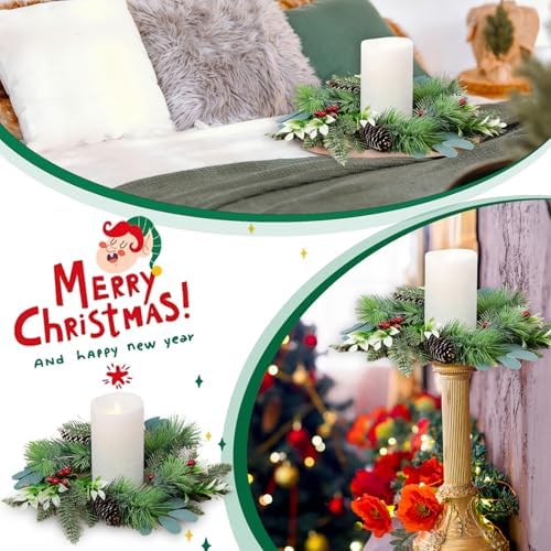8 PCS 9" Small Christmas Norfolk Wreaths Mini Cabinet Wreaths for Kitchen with Red Berry Pinecone Cedar Bows Snowy Pine Wreath for Xmas Front Door Window Fireplace Home Table Pillar Stairs Decor - Image 6