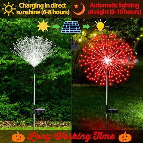 Tujoe 4 Pack Halloween Outdoor Decoration Solar Firework Lights,Red - Image 3