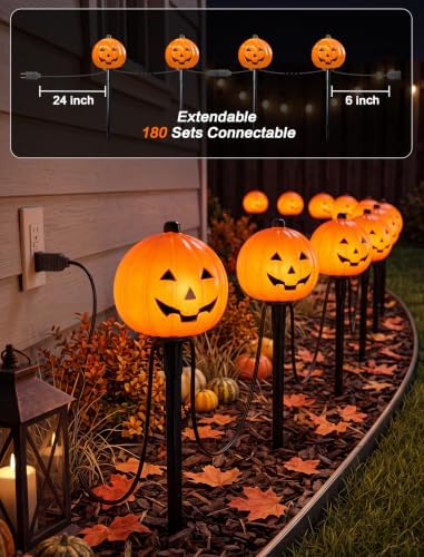 SUNSGNE Halloween Pathway Lights Outdoor, Set of 4 Halloween Pumpkin Stake Lights, Connectable Jack-O-Lantern Walkway Light for Holiday Garden Party Driveway Lawn Lighting Decor - Image 3
