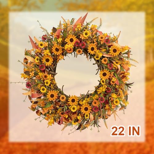 J'FLORU Artificial Fall Wreath 22 Inch Fall Wreaths for Front Door Autumn Porch Farmhouse Thanksgiving Day Harvest Festival - Image 6