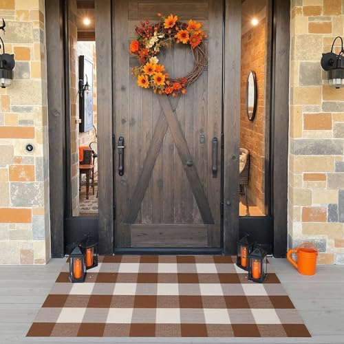 Fall Decor Buffalo Plaid Outdoor Rug 27.5" x 43" Coffee and White Checkered Area Rug Washable Fall Doormats Indoor Outdoor Rugs for Layered Front Door Mats, Porch, Entryway, Kitchen, Farmhouse by WAYYE