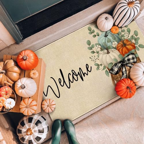 Fall Door Mat Outside,Pumpkin Eucalyptus Welcome Mat for Front Door,Thanksgiving Autumn Indoor Outdoor Non-Slip Rugs,Fall Doormat for Farmhouse Home Porch Decorations (Multi Color 30" x 17") - Image 6