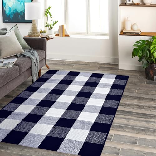 Buffalo Plaid Rug 28 x 43 Inches Fall Outdoor Front Door Decor Mat, Cotton Washable Hand-Woven Rug for Layered Doormat, Autumn Halloween Thanksgiving Carpet for Porch (Navy Blue and White Plaid) - Image 4