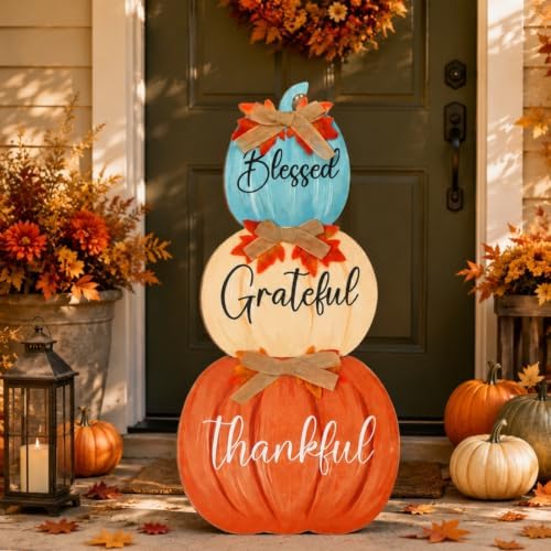 Whaline Fall Porch Decoration Blue Orange Stacked Pumpkins Wooden Standing Decor Harvest Outdoor Sign for Home Farmhouse Autumn Thanksgiving Welcome Sign by Whaline