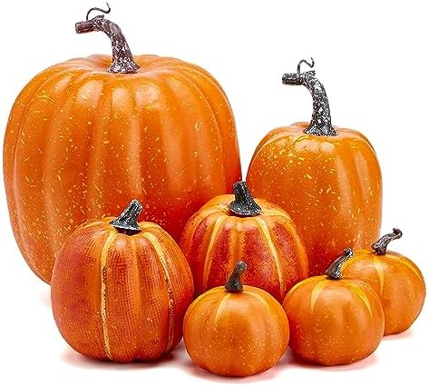 7Pcs Artificial Pumpkins of all Styles Halloween Decoration Rural Style Farmhouse Foam Pumpkin Harvest Season Thanksgiving Day is Suitable for Table top House Dining Table Party Decoration (Orange) by LULU+Deer