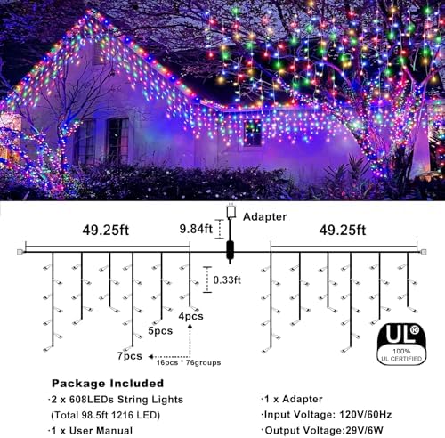 98FT 1216 LED Icicle Lights for Outside, 8 Modes 228 Drops, Multicolor - Image 4