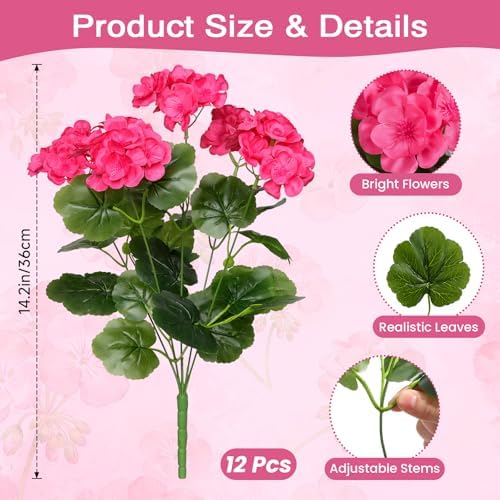 Alupssuc 12 Bundles Artificial Flowers for Outdoors Decoration Silk Geranium, UV Resistant Artificial Outdoor Fake Plants, Faux Flowers for Home Kitchen Table Indoor Outside Spring Decor, DeepPink - Image 2