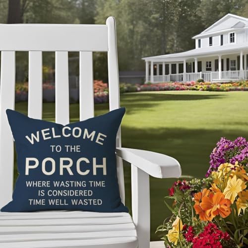 PANDICORN Throw Pillow Cover 18x18 Inch Welcome to the Porch, Navy Blue - Image 2