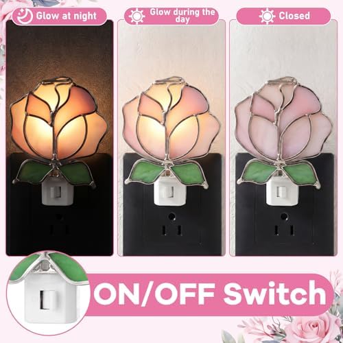 Baquler 2 Pcs Stained Glass Pink Rose Night Light Plug into Wall, Pink Floral Spring Flower Light Decor for Home Bedroom Bathroom Kitchen Hallway Valentine's Mother's Day Easter Decoration - Image 3
