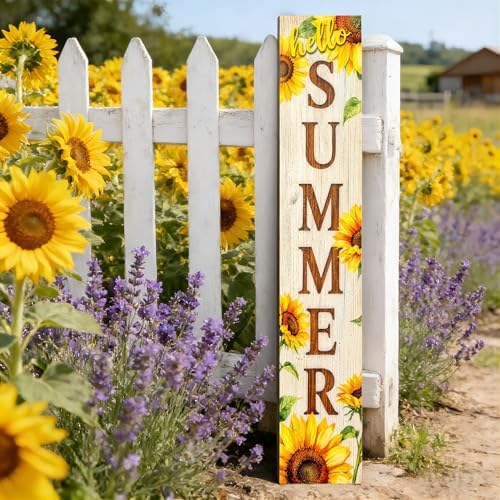 Hello Summer wooden porch sign Vertical hanging decorations Welcome sign front door standing Decorative sign 47x7.8Inch Sunflower pattern Suitable for Outside Decor - Image 4