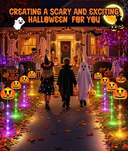 12 Pack Halloween Outdoor Decorations Solar Pathway Stake Pumpkin Lights - Image 5