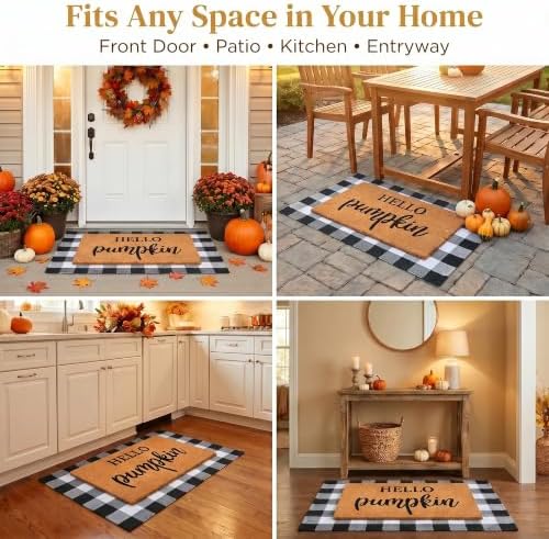 Fall Decor Doormat Combo Set, 100% Coco Coir Welcome Mat + 3' x 5' Black and White Plaid Rug - Fall Thanksgiving Front Porch Entryway Decor Floor Mat, Indoor Outdoors Autumn Mats Hello Pumpkin - Image 5