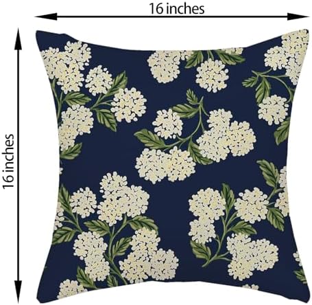 Navy Blue Spring Pillow Covers 16x16 Inch 2 Pcs Green Yellow Hydrangea Flower Decor Throw Pillows Vintage Floral Seasonal Summer Outdoor Decoration Pillowcase Linen Cushion Cover for Couch Sofa - Image 6
