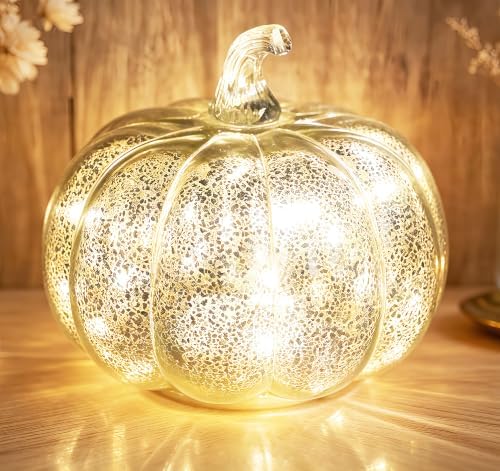 Fall Decorations for Home,Mercury Glass Pumpkin Lights with Timer(Silver) - Image 2