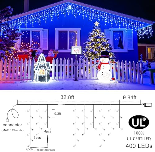 33FT Icicle Lights for Outside 400 LED Blue Christmas Lights Outdoor - Image 2