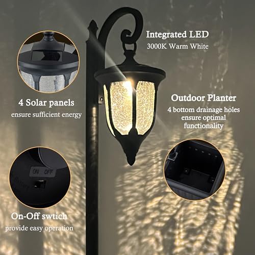 Outdoor Flower Pots Solar Lamp Post Light with Crackle Glass Shade - Image 3