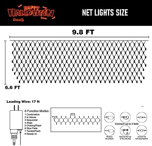 Dazzle Bright Halloween 200 LED Net Lights, 9.8 FT x 6.6 FT Connectable Mesh Lights Clear Wire with 8 Lighting Modes, Halloween Decorations for Indoor Outdoor Bush Yard Garden Decor (Purple & Orange) - Image 2
