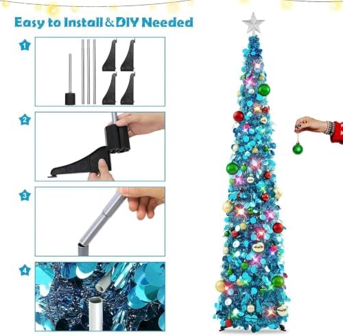 N&T NIETING Pop Up Christmas Tree with Lights & Ornaments, 6FT, Blue - Image 4