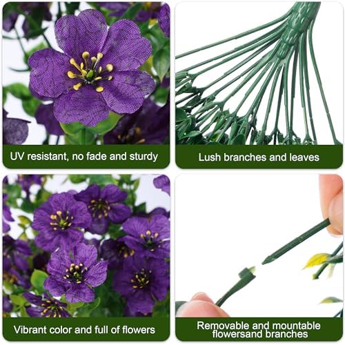 Artificial Faux Hanging Flowers Plants for Spring Outdoor Outside Decoration, 2 PCS Fake Silk Daisy with Eucalyptus UV Resistant Realistic Trailing Vines for Balcony Patio Porch (Dark Purple) - Image 3